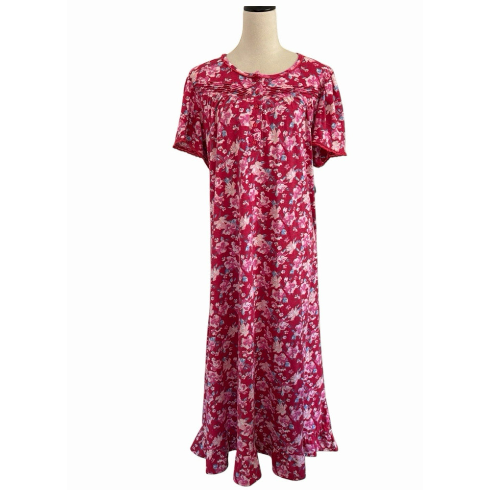 Dreams & Co Nightgown Womens PM Red Floral 100% Cotton Ruffle Hem Flutter Sleeve